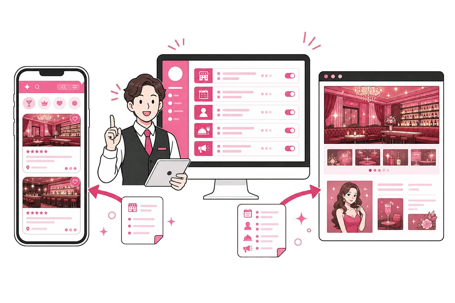 Nightbaseで管理した公開情報がナイトクとサイトクへつながるイラスト