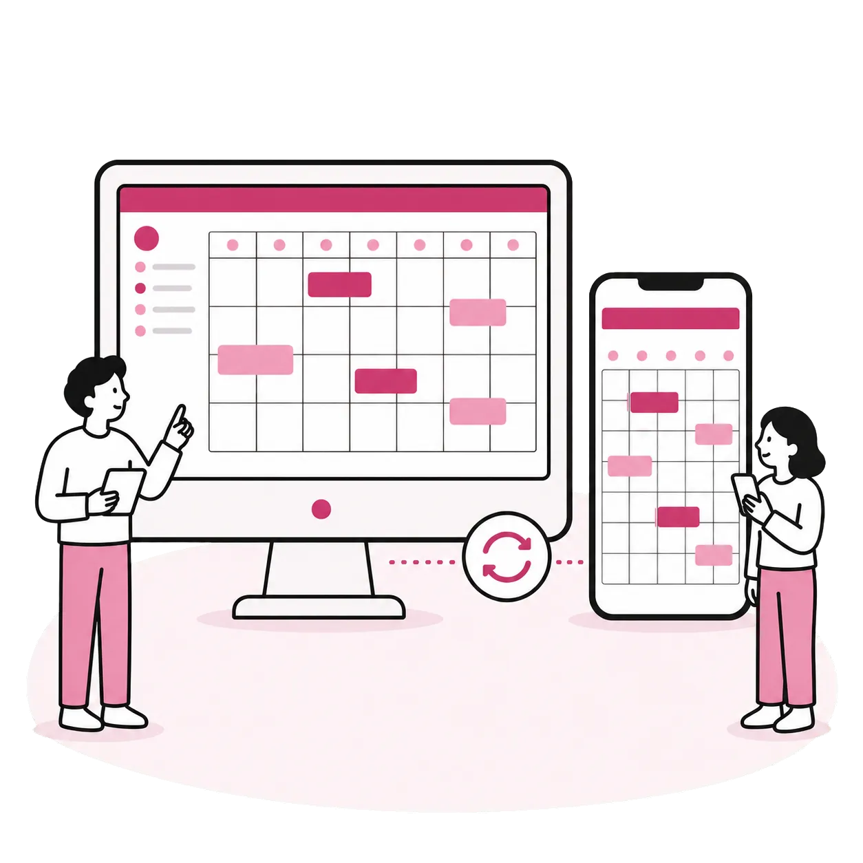 パソコンとスマートフォンの出勤予定が同期するイラスト