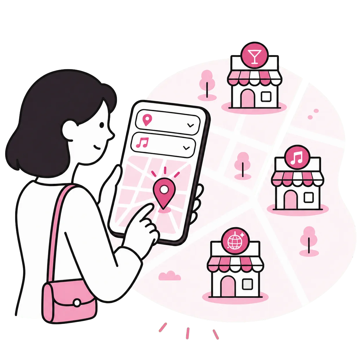 スマートフォンの地図から条件に合う店舗を探すイラスト