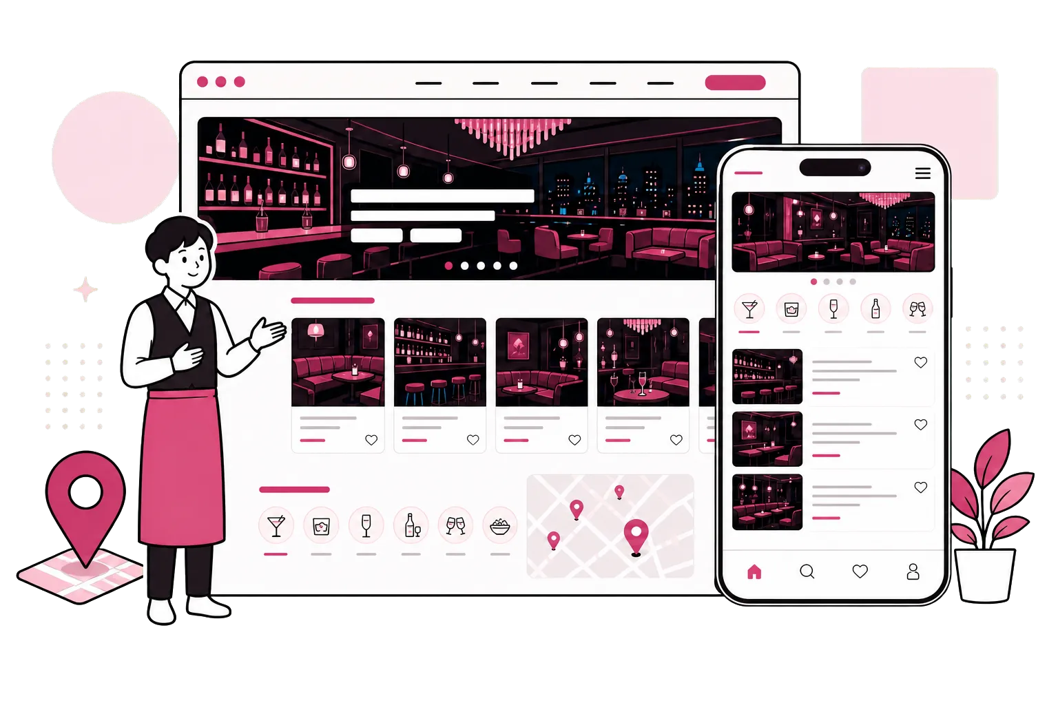 パソコンとスマートフォンに表示されたナイトクの店舗掲載ページ